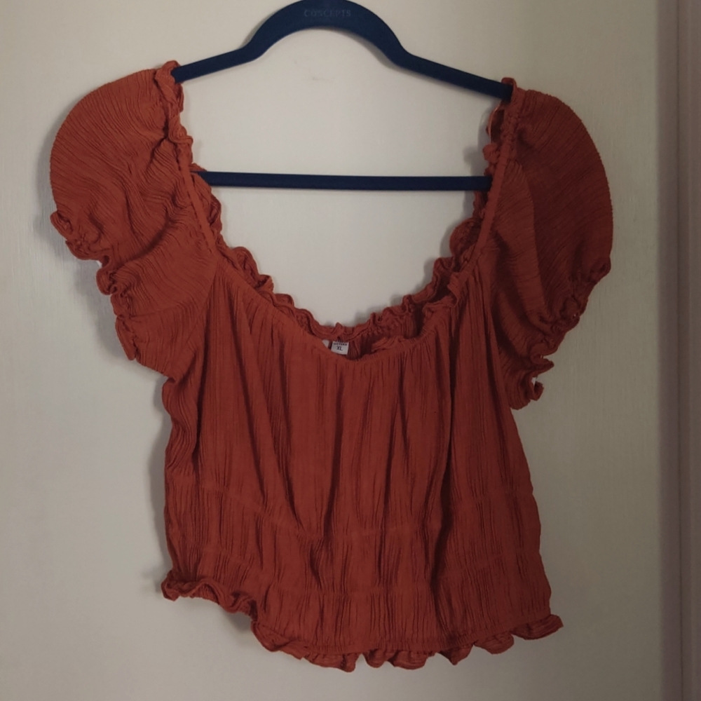 Brown ruffled stretch crop top